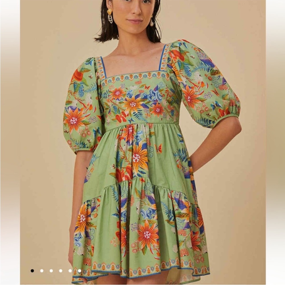 FARM Rio Green Floral Puff Sleeve Mini Dress